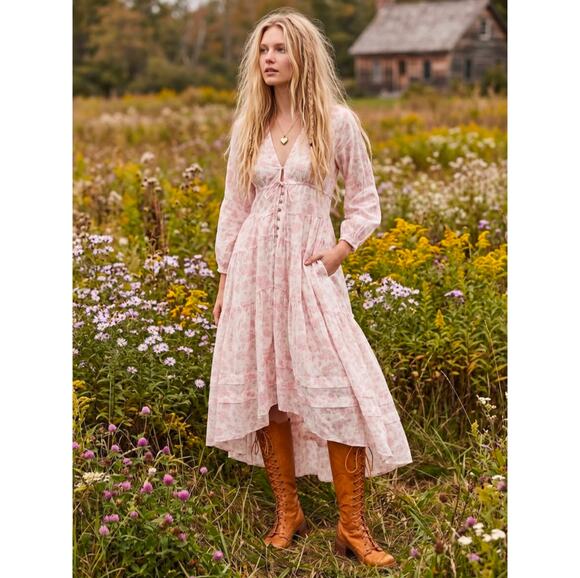 Free People Dresses & Skirts - Free People Pappiet Midi Pink White Floral Boho VNeck Tiered Long Sleeve Dress